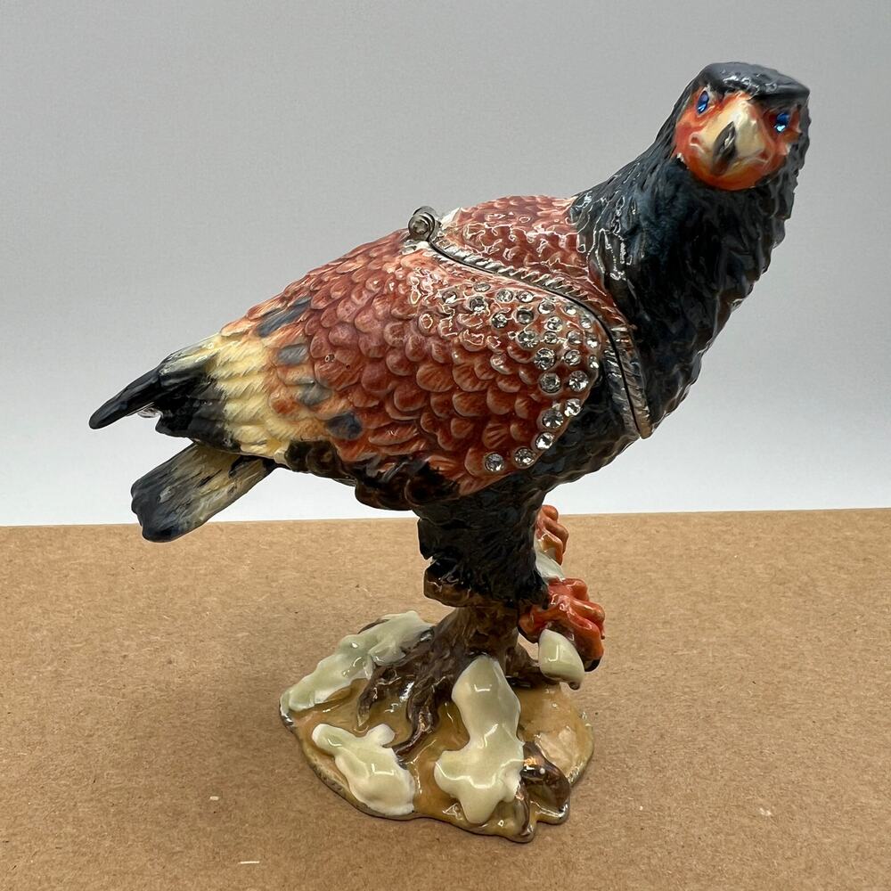 Enamel Eagle Trinket Box Jewel Eyes Magnetic Hinged 4" America Wildlife